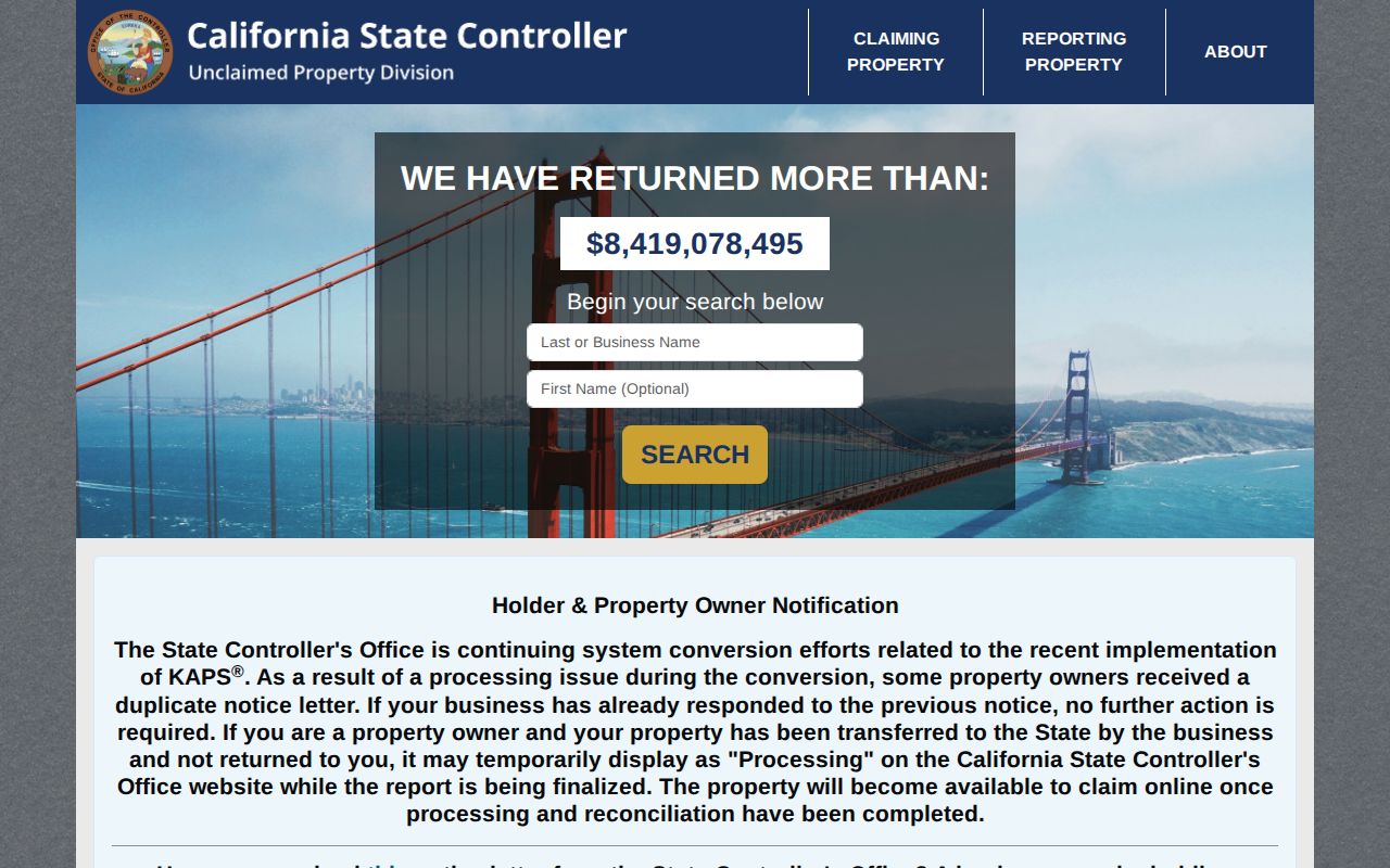 Sunnyvale resident lookup California unclaimed property search
